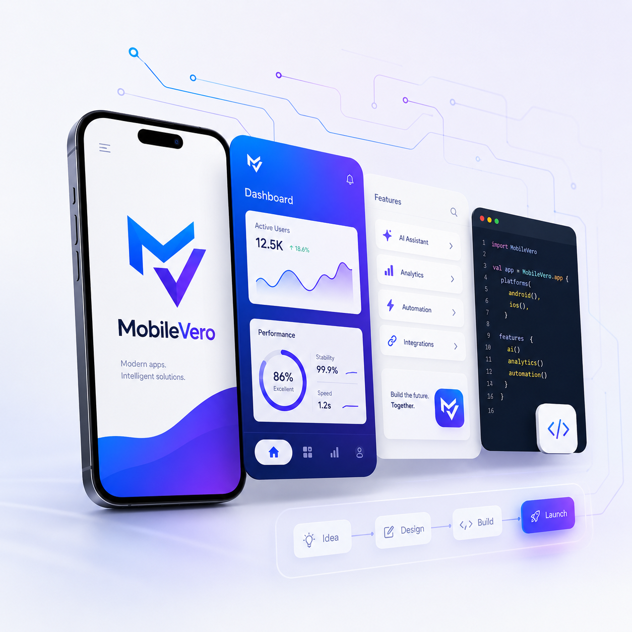 MobileVero brand preview with logo and phone screen.